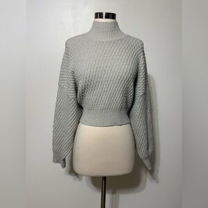 Commense Tie Back Mock Neck Light Gray Cropped Turtleneck Sweater